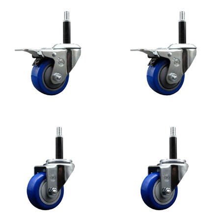Service Caster 3'' SS Blue Poly Swivel 3/4'' Expanding Stem Caster Set 2 Total Lock Brakes, 4PK SCC-SSEXTTL20S314-PPUB-BLUE-2-S-2-34